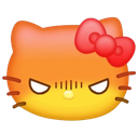 A stylized cat face with an orange gradient, red bow, and an angry, fuming expression.