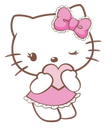 Hello Kitty winks while holding a pink heart against her chest.