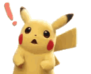 Pikachu with wide eyes and an open mouth looks surprised with a red exclamation point floating above its head.