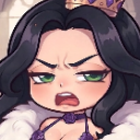 A queen with long black hair and a crown looking down with a disgusted and annoyed facial expression.