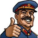 Joseph Stalin with a thick mustache wearing a blue military uniform and hat, smiling while giving a thumbs-up gesture.