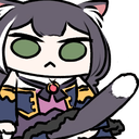 A chibi cat-eared anime girl with a stern expression holding a large weapon.