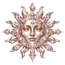 A stylized, metallic sun with a serene human face and ornate, glowing rays.