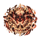 Demon creature with glowing eyes centered inside an ornate, circular golden frame.