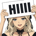 Anime girl with blonde hair holding a white sign with the word HIIII written in bold black letters.