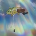 SpongeBob SquarePants floats horizontally in a colorful, rainbow-filled void while wearing white wired earbuds connected to …