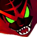 A stylized monster face with glowing green eyes and sharp white teeth snarling.