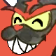 A dark-furred creature with glowing yellow eyes and a wide, jagged-toothed grin against a red background.