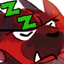 A red creature with a grumpy expression and a green Z symbol floating above its head.