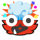 A red creature with large white eyes and a sharp tooth has a blue cloud exploding from the top of its head.