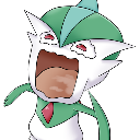 Gallade with a green and white head screaming with its mouth wide open in shock.