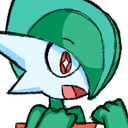 A green and white creature with a shocked expression and sparkling red eyes.