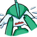 Gallade with a green helmet covering its face while shedding large, dramatic tears.