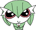 Gardevoir with large dark eyes and a small smile looking up with a shy, pleading expression.
