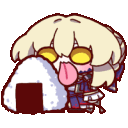 A chibi character with yellow eyes licking and eating a white rice ball in a sequence of frames.