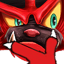 A red-furred creature with sharp fangs and green eyes resting its chin on its hand in a thoughtful, suspicious expression.
