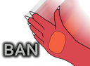 A red hand gesture next to the word BAN in white text on a black background.