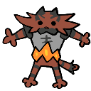 A small, brown, hand-drawn creature with a gray chest and orange flames stands in a wide, defiant pose.