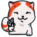 A smiling orange and white cat holding a small black handgun.