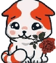 A cute white and orange cat holding a red rose in its mouth with large, expressive eyes.