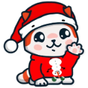 A cute orange and white cat wearing a Santa hat and red sweater waving its paw.