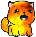 A small orange cat-like creature with a flame-like texture smiling widely with joy.