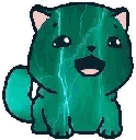 A small green cat character with a happy expression pulsing with animated lightning bolts.