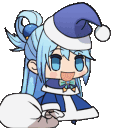 A chibi anime girl with blue hair wearing a blue Santa hat and outfit, shown in a four-part rotation, smiling happily.