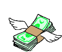 A stack of green cash with brown paper band and small white wings flying away.
