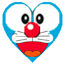 Heart-shaped cartoon face with a wide happy smile and a red nose.