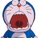 Doraemon with a wide-open mouth and panicked expression.