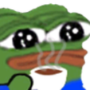 Frog with large glistening eyes holding a steaming white mug of coffee.
