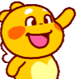 A yellow cartoon creature with a wide, happy smile waving its hand.