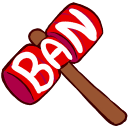 A red cartoon hammer with the word BAN written in white letters across the head.