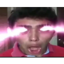 Man with mouth open and bright pink glowing laser beams shooting from his eyes.