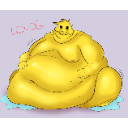 A round yellow blob character sitting and melting into a light purple background.