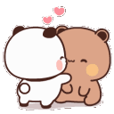 A white panda bear and a brown bear kissing with small pink hearts floating above their heads.