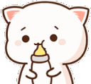 A white cat-like character with pink ears holds a baby bottle and drinks from it.
