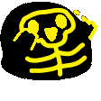 Four colorful skeletons in yellow, green, purple, and orange dancing against a black background.