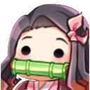 Nezuko with wide eyes and a bamboo muzzle looking confused and shocked.