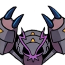 A purple and gray armored crab creature with large, raised claws and a jagged crest.