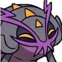 A stylized insect creature with a gray shell and purple markings wearing a smug, mischievous grin.