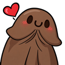 A brown creature with a happy, blushing face and a small red heart floating above its head.
