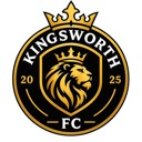 Lion head inside a shield with a crown above it and circular text reading Kingsworth FC.