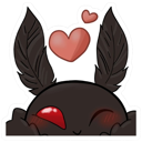 A fluffy black moth-like creature with a single red eye and feathery antennae winking with pink hearts floating above its he…