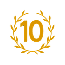 A gold number ten centered inside a circular golden laurel wreath.