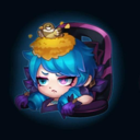 Anime girl with blue hair looking bored with a golden nest on her head.