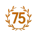 Number 75 centered inside a golden laurel wreath emblem.