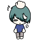 Chibi character with teal hair looking down while a hand pats their head.
