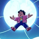 Steven Universe floating with arms outstretched in front of a large glowing moon.